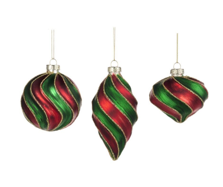 Glass 3D Swirl Stripe Ball & Finial Ornament – 8cm – Country of Origin : Belgium