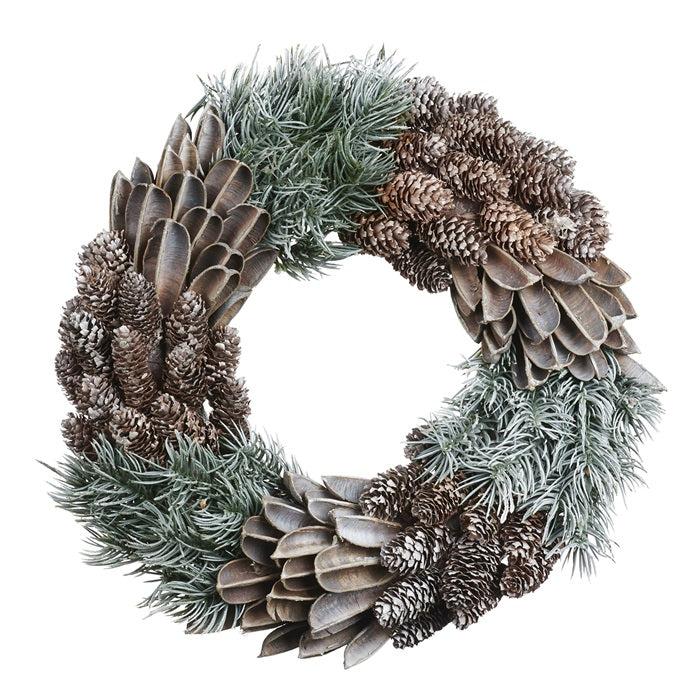 Frosted Pine, Leaf, and Pinecone Wreath - Country of Origin : Belgium
