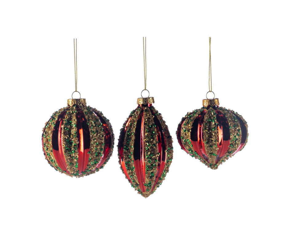 Glass Sequin Stripe Ball & Finial Ornament – 8cm – Country of Origin : Belgium