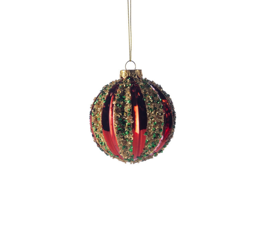 Glass Sequin Stripe Ball & Finial Ornament – 8cm – Country of Origin : Belgium