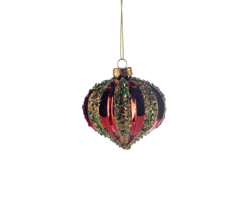 Glass Sequin Stripe Ball & Finial Ornament – 8cm – Country of Origin : Belgium