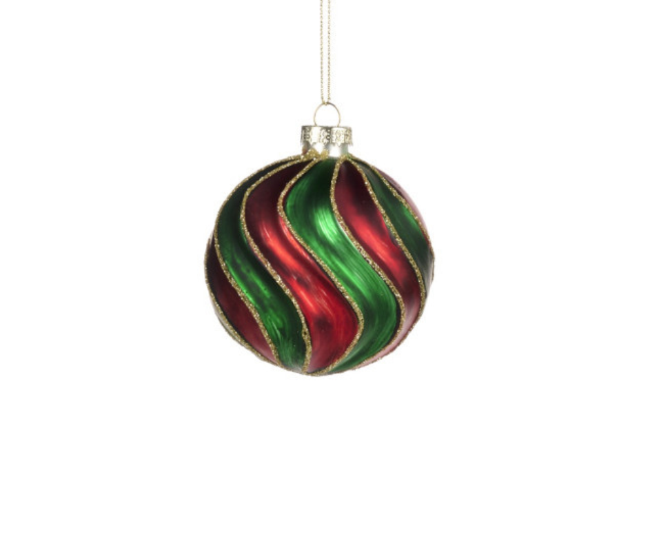 Glass 3D Swirl Stripe Ball & Finial Ornament – 8cm – Country of Origin : Belgium
