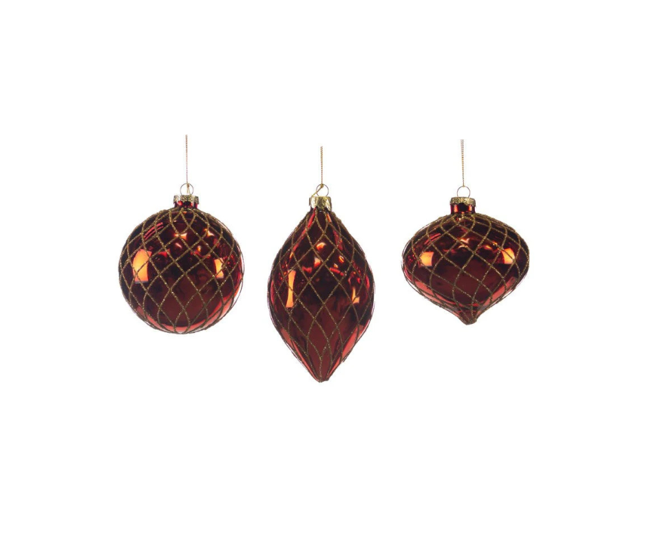 Glass Glitter Net Ball & Finial Ornament – 10cm – Country of Origin : Belgium