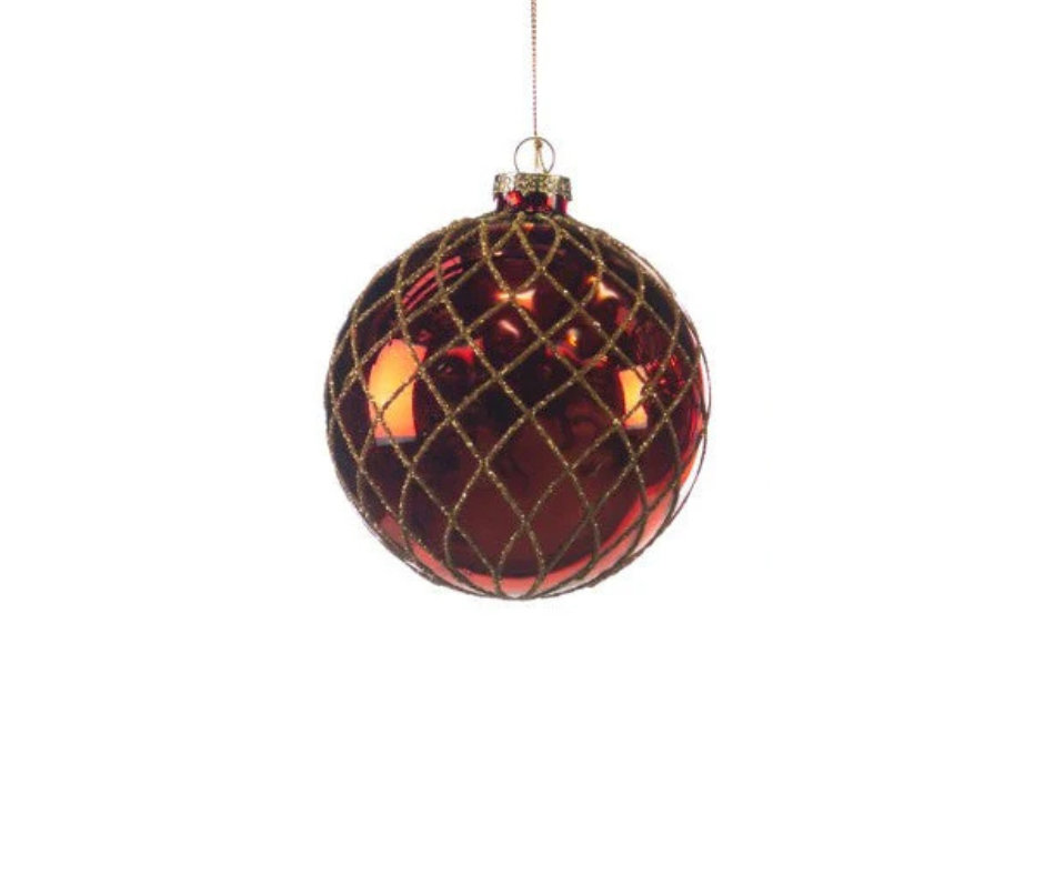 Glass Glitter Net Ball & Finial Ornament – 10cm – Country of Origin : Belgium