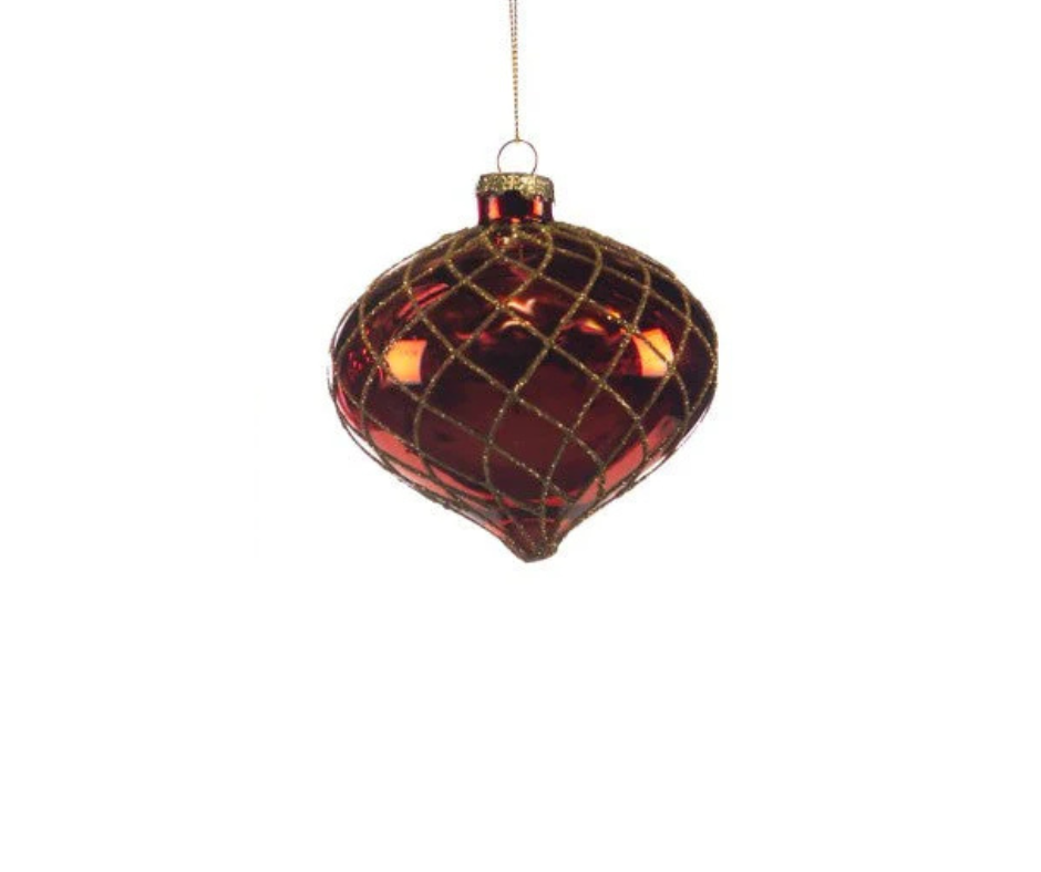 Glass Glitter Net Ball & Finial Ornament – 10cm – Country of Origin : Belgium