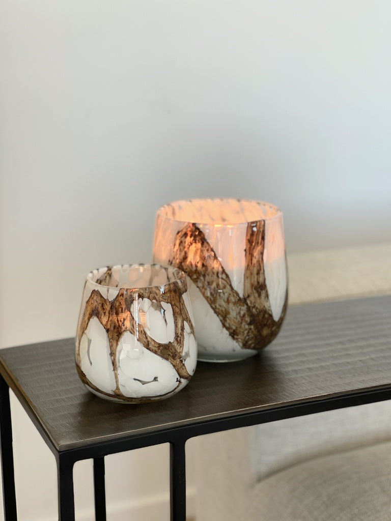 Amber Brown Glass Vase with White Spots and Lava Finish -Botanique-Large size - Country of Origin: Belgium