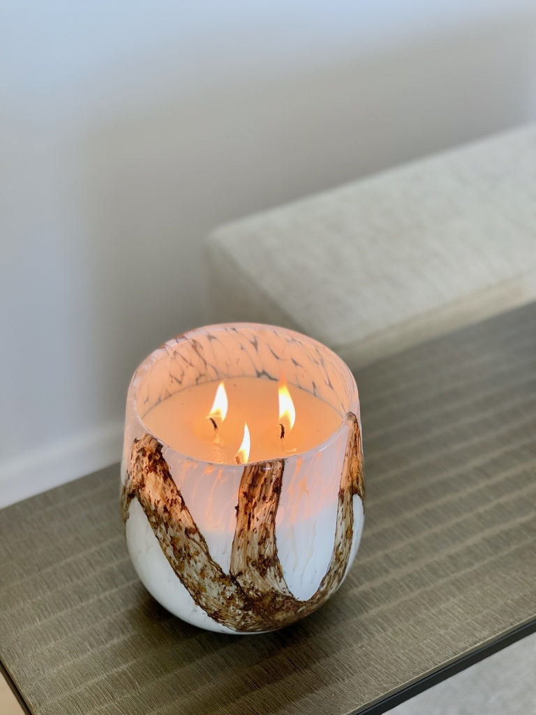 Amber Brown Glass Vase with White Spots and Lava Finish -Botanique-Large size - Country of Origin: Belgium