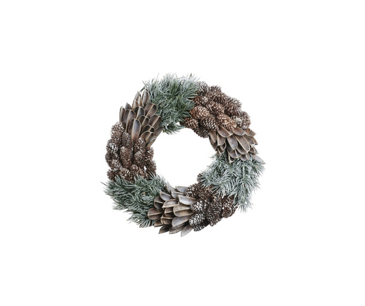 Frosted Pine, Leaf, and Pinecone Wreath - Country of Origin : Belgium